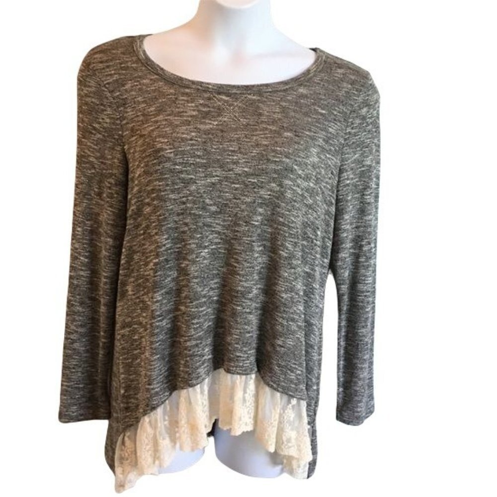 One World Long Sleeve Top Gray with Lace Women's Medium